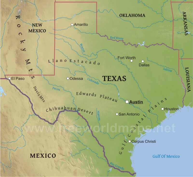 Physical map of Texas Physical map of Texas