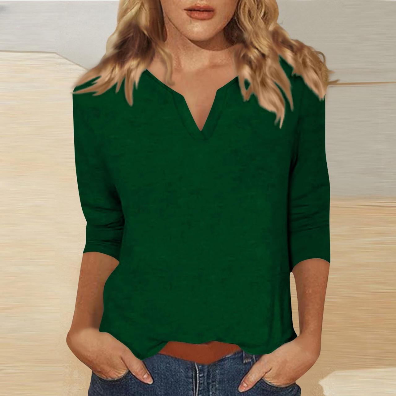 Delliss Women's Solid Color 3/4 Sleeve V Neck Pullover Slim Fit Casual ...